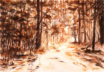 Forest and road. Sepia and watercolor on paper.