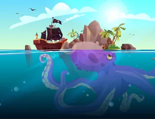 Pirate ship, rocky island with palm trees in the ocean. Purple giant octopus under the sea. Cartoon vector illustration for 2d game or adventure quest.