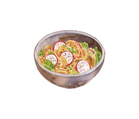 watercolor drawing bowl with udon noodles and vegetables, plate of asian food isolated at white background, hand drawn illustration