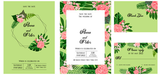 vector floral design for wedding invitation with red roses and tropical leaves, floral poster, decorative greeting cards