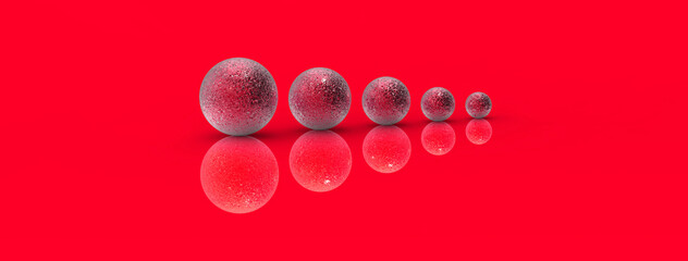 Five balls of metal of different sizes of red color on red background. Growth of something. Progress. Reflection. Banner for insertion into site. Place for text cope space. 3D image. 3D rendering.