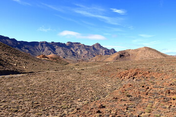 Tenerife, view over Canadas del Teide old crates remains from hiking path of the ascent of Guajara mountain