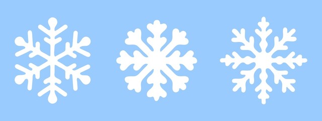 Fototapeta na wymiar White Snowflakes on a blue background. Isolated elements in a flat style. Stylish set for your New Year or Christmas design. Vector illustration. 