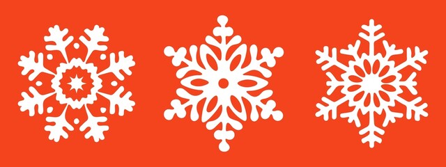 Fototapeta na wymiar White Snowflakes on a Red background. Isolated elements in a flat style. Stylish set for your New Year or Christmas design. Vector illustration.