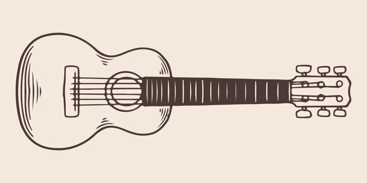 Vintage hand drawn guitar traveler in vintage engraved style. Isolated on white background. front view.