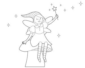 Fairy tale fairy with magic wand is sitting on large mushroom for coloring book. Contour linear illustration. Coloring book for kids.