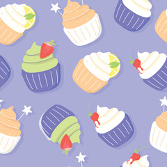 Seamless pattern elicious cupcake. Dessert vector illustration design.