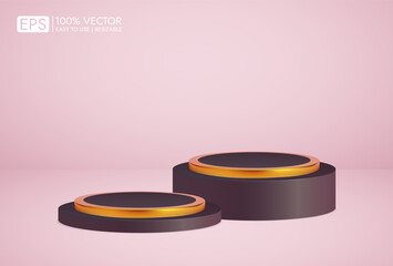 Realistic 3d podium vector with gold overlay and empty room background, vector shape rendering for product presentation display. minimal studio room scene