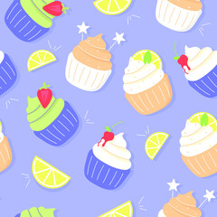 Seamless pattern elicious cupcake. Dessert vector illustration design.