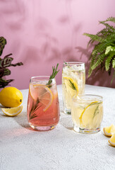 Summer refreshing non-alcoholic cocktails. Lemonade garnished with fresh rosemary. Summer beverage with sparkling water and lemon slices.
