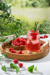 Summer refreshing non-alcoholic cocktails. Raspberry lemonade garnished with fresh rosemary. Summer raspberry beverage with sparkling water. Copy space.