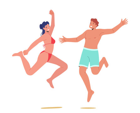 Happy People Characters Wearing Swimming Suits Jumping with Hands Up, Man and Woman Having Fun on Summer Vacation
