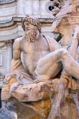 Rome, Italy - October 9, 2020: Sculpture personifying the River Ganges at 17th century Fountain of...