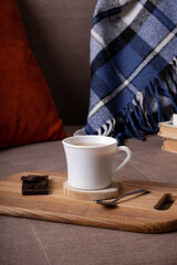 Autumn mood background with cup of cocoa, plaid and books on sofa. Hot drink in autumn concept