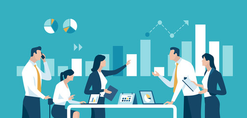 Team and business chart. The team discusses stock market developments. Vector illustration.