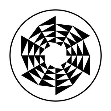 Circular saw blade shaped, triangle pattern in a circle. Black triangles forming a circular saw blade, moving clockwise, as symbol for change. Modeled on a crop circle pattern found at Barbury Castle.
