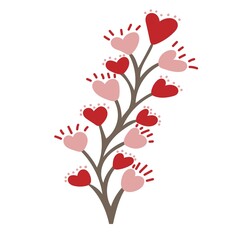 Branch with flowers of heart shape. Love and Valentine's day concept. Design element for greeting cards, invitations, posters. Hand drawn vector illustration