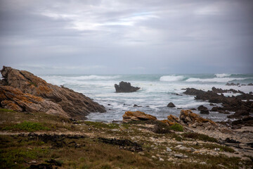 Coastline of Cape Agulhas in South Africa, this place divides the two oceans the Atlantic and the Indian Ocean, this place is located in the southernmost part of Africa and has a rich habitat.