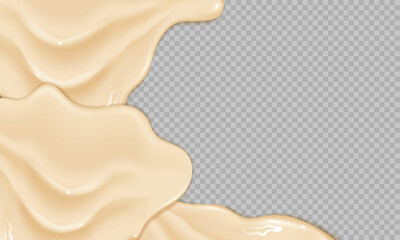 Flowing realistic liquid mayonnaise on transparent background.Spreading cheese, cream, milk, cream or yogurt.