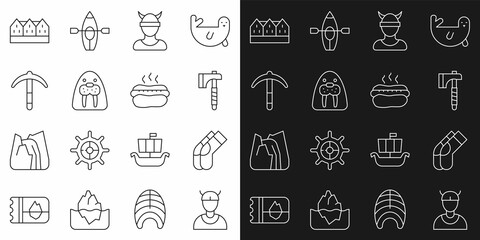 Set line Viking head, Socks, Wooden axe, Walrus animal, Pickaxe, Norwegian wooden house and Hotdog sandwich icon. Vector