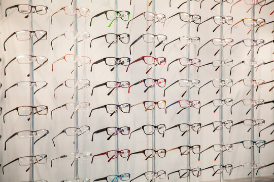 Rows of glasses and frames to choose from at the optometrist