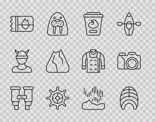 Set line Binoculars, Fish steak, Yogurt container, Ship steering wheel, Ticket Iceland, Mountains, Northern lights and Photo camera icon. Vector