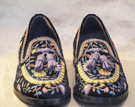 velvet Brera moccasin with floral motifs by Fratelli Rossetti. Milan - Italy, July 16 2022