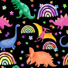 Dinosaur, rainbows, flowers seamless pattern. Cute happy dino for kids design. Watercolor prehistory animals repeating black background. Childish bright backdrop - 517858550