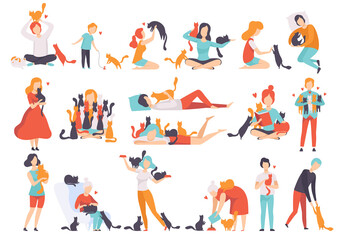 Naklejka premium People Character Cat Lover Hugging, Playing and Caring About Their Fluffy Pet Vector Set