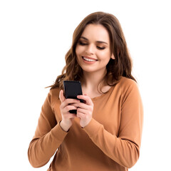 Fototapeta premium The girl is talking on the phone. The girl is happy with the text message. Online news.