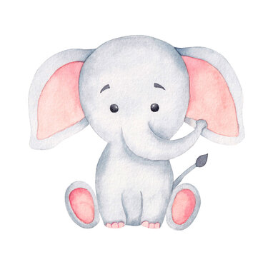 Cute baby elephant in a cartoon style. Watercolor African baby animal for children's holidays.
