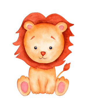 Watercolor cute lion isolated on white. Hand painted illustration perfect for nursery print poster design and baby shower card making