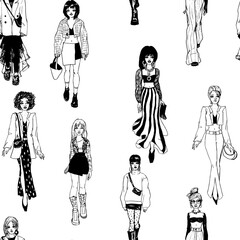 Seamless pattern. Women in trendy clothes. Defile sketch.