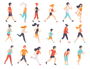 Fototapeta na wymiar People Runner in Sportive Clothes Running and Jogging Engaged in Sport Activity Big Vector Set