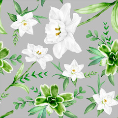 elegant watercolor white flower and green leaves seamless pattern design