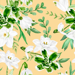 elegant watercolor white flower and green leaves seamless pattern design