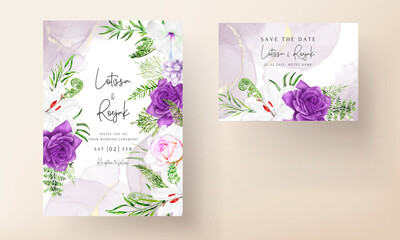Fototapeta na wymiar purple flower and leaves wedding invitation card template