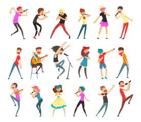 People Singing with Microphone and Playing Guitar Performing Music on Stage Big Vector Set