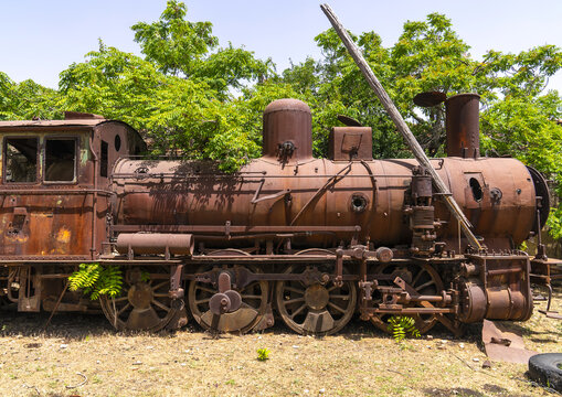 Old locomotive from Beirut&ndash;Damascus line covered by plants, Beqaa Governorate, Rayak, Lebanon