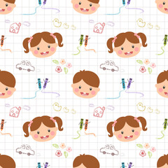 Seamless pattern little boy and girl in drawing class.