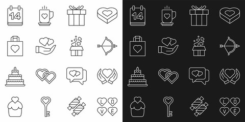 Set line Love text, Heart in hand, Bow arrow, Gift box, Shopping bag with heart, Calendar February 14 and hearts icon. Vector