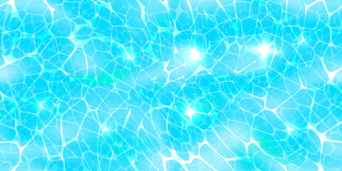 Top view pool seamless pattern with sunlight glare reflect, caustic ripples and waves. Blue water surface texture. Bright vector summer time background.