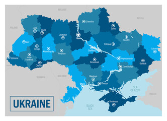 Ukraine country political map. Detailed vector illustration with isolated provinces, departments, regions, counties, cities, and states easy to ungroup.