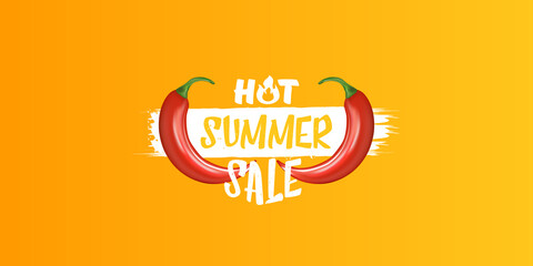 Big Hot summer sale horizontal banner with red chili cayenne pepper isolated on orange background. Vector 3d horizontal summer hot sale poster, flyer, banner, tag and background