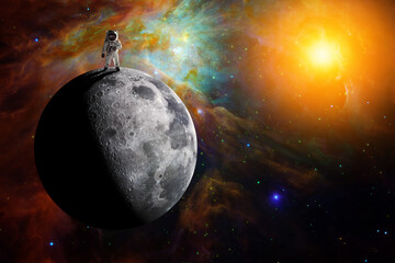 Astronaut at the spacewalk on the moon. National Moon Day. Space Exploration Day. Elements of this...