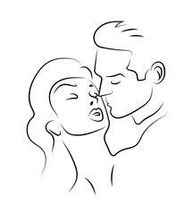 Cute romantic couple in love kissing. Woman and man. Black and white hand drawn line art style vector illustration isolated on white background.
