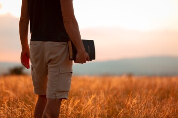 Human praying on the holy bible in a field during beautiful sunset. - obrazy, fototapety, plakaty