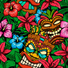 Seamless pattern with tropical flowers, palm leaves, monstera leaves and tiki mask. Vector illustration. © liubov