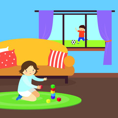 The boy sadly plays cubes at home while other children play football on the street