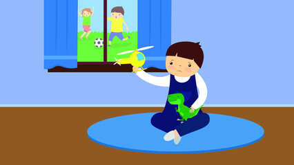 A boy plays with a helicopter at home while other children play football outside